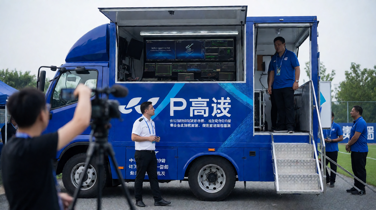 体育赛事直播转播车现场工作画面